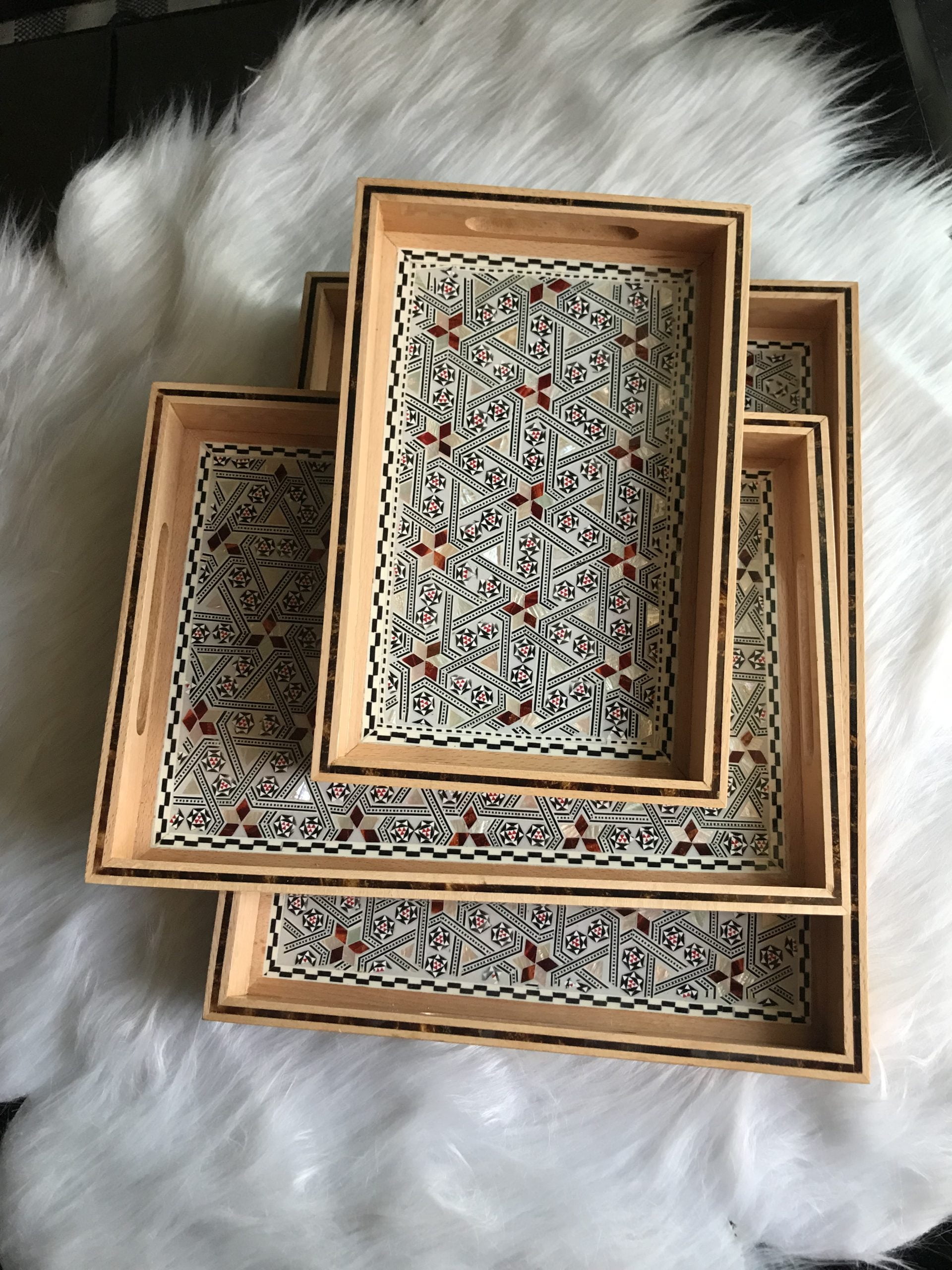 Lux Tray Set 3 Pieces Nested Rectangle with Red and White Seashell Sadaf Mother of Pearl on Inlay Wood 408S11