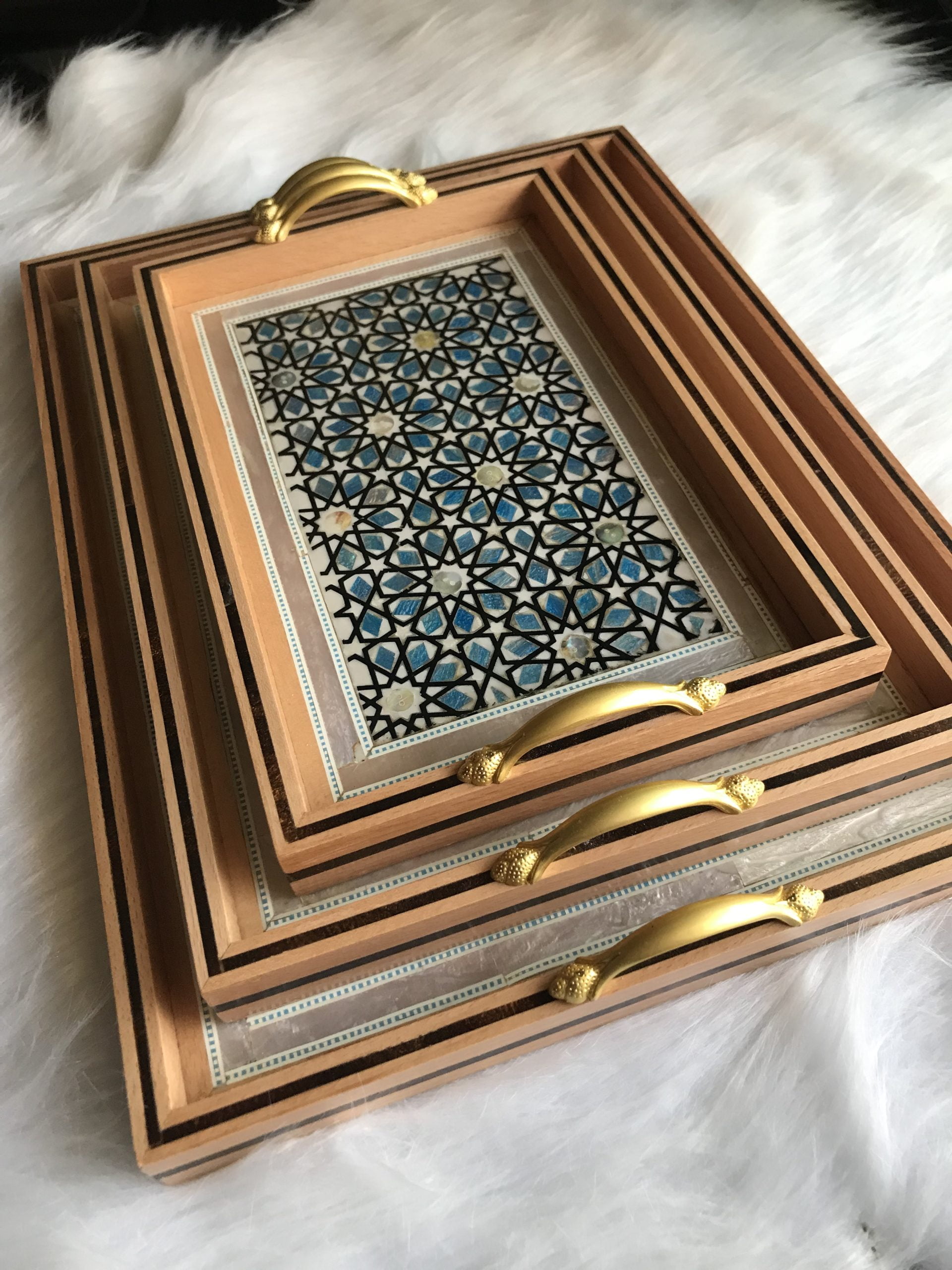 Serving Tray Set White Sadaf with Turquoise Imitation 3 Pieces Rectangle 401S08 Seashell Sadaf Mother of Pearl on Beech Wood