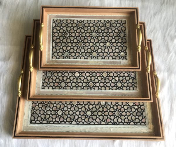 Serving Tray Set White Sadaf 3 Pieces Rectangular 813S13 41x31x3cm 16.4x12x1.1 inches Seashell Sadaf Mother of Pearl Inlay Wood