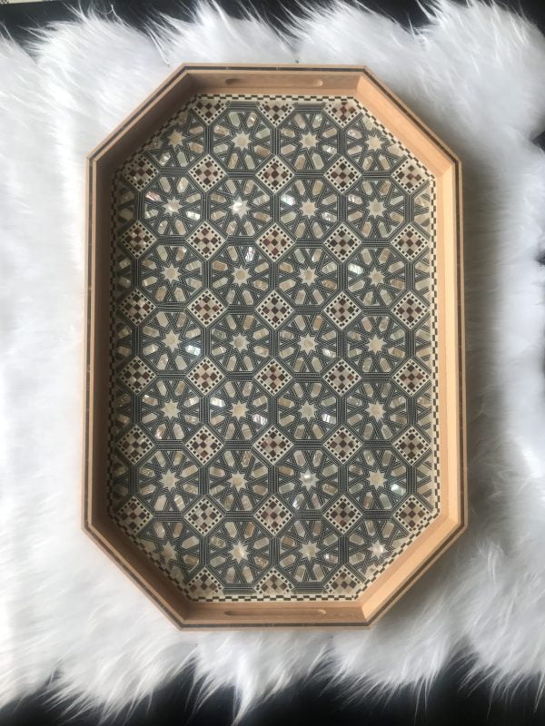Lux XL Tray Octagonal with Red and White Seashell Sadaf Mother of Pearl on Inlay Wood 270S11